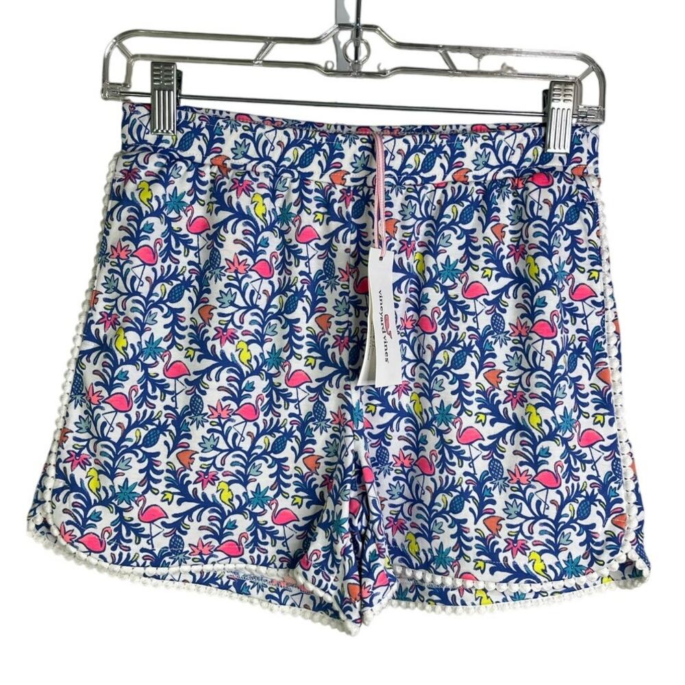 Vineyard Vines‎ Tassel Pull-On Shorts Girls L Blue Flamingo Floral Beach Pool